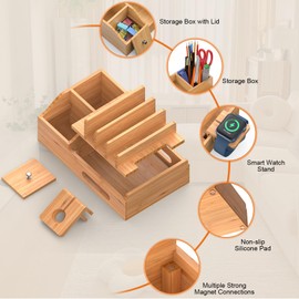 Pezin & Hulin Charging Station for Multiple Devices, Bamboo Charger Dock, Desktop Electronic Organizer for Phone, Tablet, Smart Watch, and Earbuds