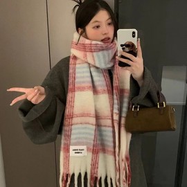 Cute & Thick Plaid Winter Scarf - Premium Warm Angora Blend (Red, Free Size) Muffler (40x200cm, 15x2cm Fringe) 2ea