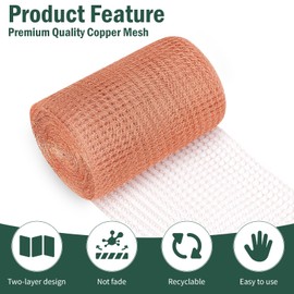 SelfTek Copper Mesh Rodent Control, 10 Meters Pure Copper Rodent Mesh Rustproof Copper Wool Double Layer Copper Mesh Roll with Work Gloves, Scissors and Bamboo Tool, 10m X 12.7cm/32.8ft X 5in
