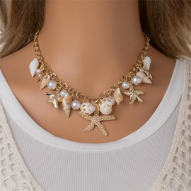 Starfish Seashell Charm Necklace Bracelets Earrings Gold Plated Boho Natural Sea Shell Conch Mermaid Pearl Chunky Statement Jewelry Set for Women Summer Ocean Hawaiian Beach Vacation Fashion Jewelry (Gold)