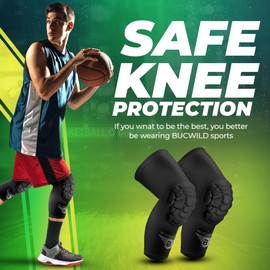 Rodilleras Bucwild Sports con almohadillas para rodilla/rodilleras de compresión acolchadas (1 par) tallas para adultos jóvenes, básquetbol, lucha, vóleibol, negro, blanco, rojo, azul, Negro camuflado, Adulto, mediano