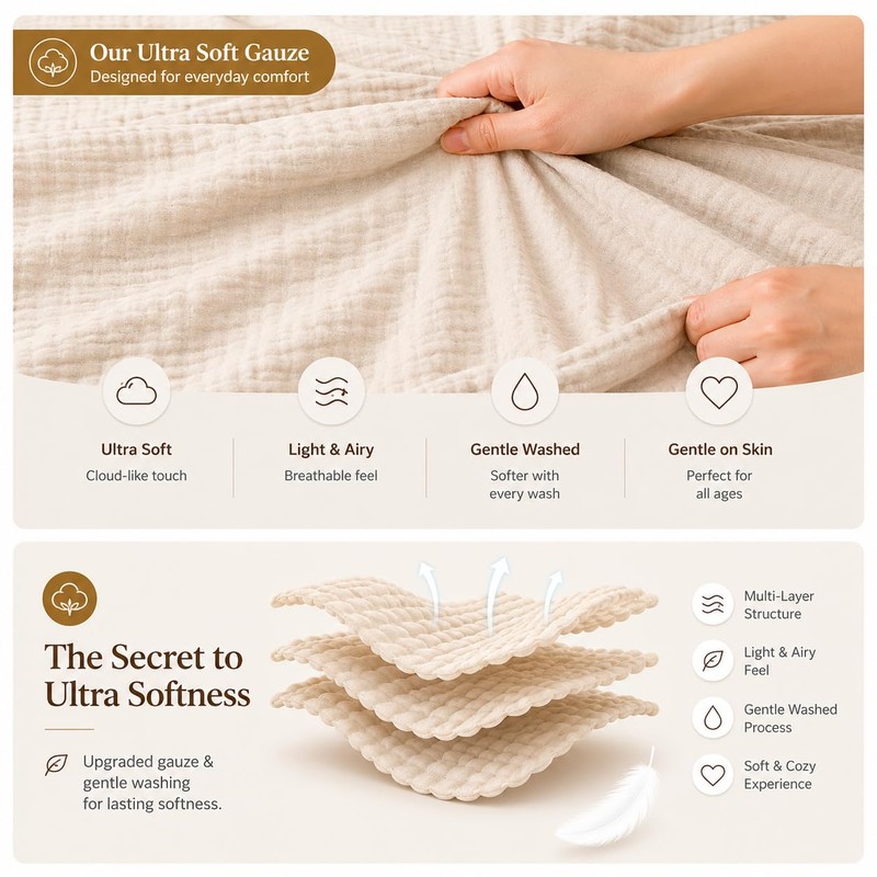 100% Cotton Soft Muslin Blankets for Adults, 6-Layer Lightweight King