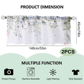 2 PCS Short Panels Kitchen Curtains Valances, Fresh Green Leafy Watercolor Valances for Windows, Botanical Print Decorative Window Valances for Living Room Bathroom Bedroom (55 x 18 in)