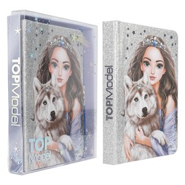Depesche TOPModel 13176 Glitter Silver and Blue Notebook with Wolf Motif, Stars and 160 Pages, Includes Pencil, Multicoloured