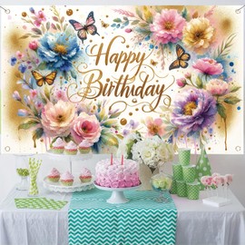 Floral Birthday Backdrop for Girls Spring Butterfly Happy Birthday Photography Background Pink Flower Blossom Plant Pastel Girls Lovely Princess Banner Photo Booth Studio 70.8 x 43.3 Inch