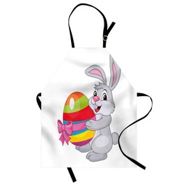 Ambesonne Easter Apron, Cartoon Rabbit Holding a Colorful Striped Egg with a Ribbon Easter Animal Fun, Unisex Kitchen Bib Apron with Adjustable Neck for Cooking Baking Gardening, Multicolor