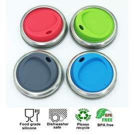 THINKCHANCES Reusable Food Grade and BPA Free Silicone Sip Coffee Juice Drinking Lid Kit with Stainless Steel Rings for Mason, Ball, Canning Jars, Pack of 4 Sets (Wide Mouth,Oval Drinking Hole)