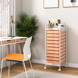 OFFICEJOY Storage Cart, Rolling Utility Cart with 10 Drawers, Portable Handles & Lockable Wheels, Mobile Paper Toys Storage Organizer Large Capacity for Home Office School Teacher (Peach)