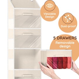 Ofiray-home Hanging Yarn Storage Organizer with 5 Drawers, Over the Door Large Capacity Knitting Organizer Storage&10 Mesh Side Pockets, Hanging Yarn Holder for Knitting Needles, Crochet Hooks- Beige