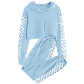 Haloumoning Kids 2 Piece Outfits Girls Crop Tops Hoodies Sweatshirts and Sweatpants,Blue,9-10 Years