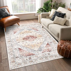 CAROMIO Washable Rug 8x10 Large Living Room Rug Vintage Distressed Throw Floor Cover Indoor Non Slip Traditional Rug Stain Resistant Boho Accent Rug Carpet for Bedroom Home Decor, Orange