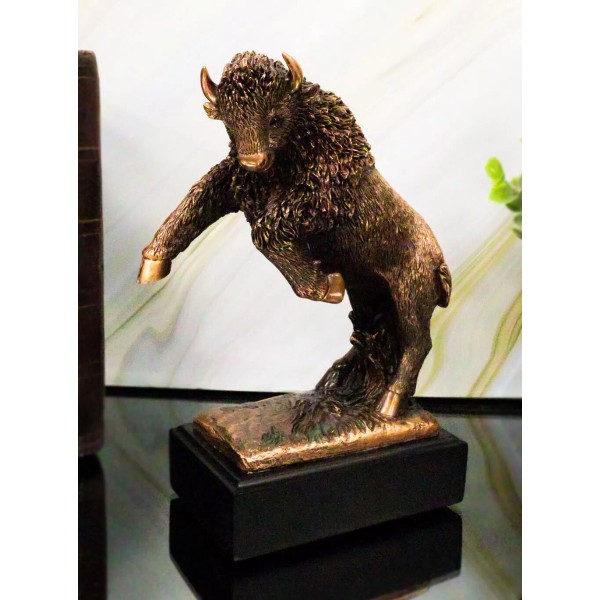 Rustic Southwestern Prancing American Bison Buffalo Bull Figurine With Base