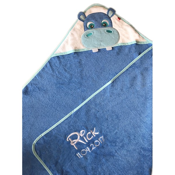 KIDDI-MEDIA Hooded Towel Embroidered with Name and Date of Birth / 100 x 100 cm / Cuddly Soft / 1A Quality / 100% Cotton (Blue - Hippo)