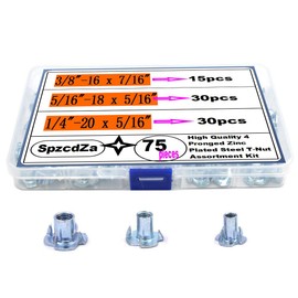 T Nuts 1/4"-20 5/16"-18 3/8"-16, SpzcdZa 75Pcs T Nut Zinc Plated Steel T-Nuts 4 Pronged Tee Blind Nuts Assortment Kit for Wood, Rock Climbing Holds, Cabinetry, Furniture etc.