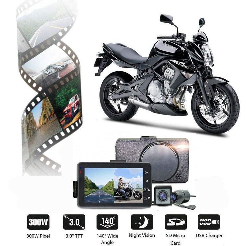 Riloer Motorcycle Driving Recorder, Portable Dual Lens Camera, Waterproof 3