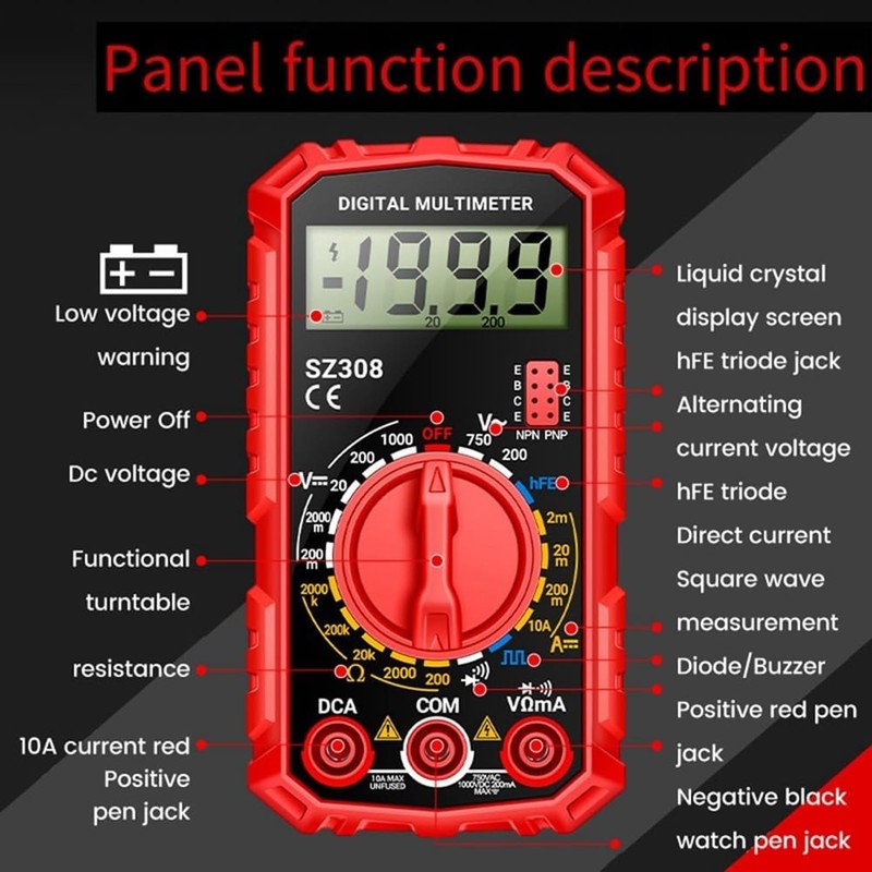 AYMBH SZ308 Digital Multimeter AC/DC Voltage & Current Meter, Resistance