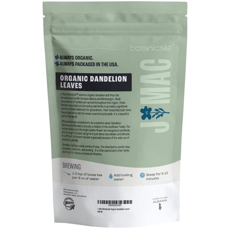 J Mac Botanicals, Organic Dandelion Leaves (4 oz bag) USDA