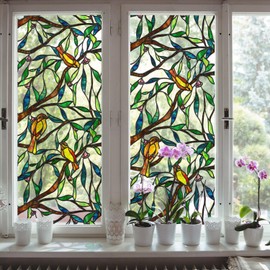 funlife Original Hand-Drawn Faux Stained Glass Window Film, Double-Sided Static Cling Window Cling Suitable for Entryway, Reusable Glass Windows Door Decor, Yellow Bird on Branch, 11.8"x118"