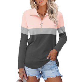 TICTICMISS Women's Long Sleeve Shirts Quarter Zip Pullover Color Block Collared V Neck Tops