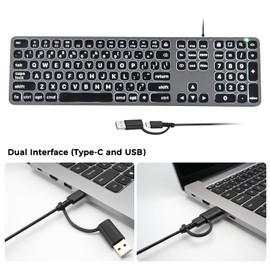 KOPJIPPOM Large Print Backlit Keyboard for Mac, Dual Interface, Low Profile, Quiet Typing, Full Size Wired Computer Keyboards with Numeric Keypad Compatible with Apple MacBook Air/Pro, iMac, Mac