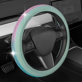 Mint Green Diamond Bling Steering Wheel Cover, Standard 15 Inch Size Fits Most Vehicles, Cute Faux Leather Car Steering Cover with Rhinestone Crystal, Car Accessories for Women