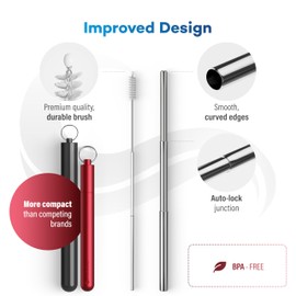 SaferSeas Collapsible Reusable Straw, 1% For The Planet, Minimalist Engraved Logo, Plastic Free Packaging (Red, 1 Pack, 9 Inches)