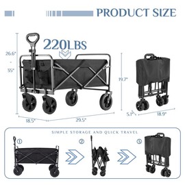 Wagons Carts Foldable with All-Terrain Wheels, Portable Shopping Cart Large Capacity Utility Cart with Drink Holders, Heavy Duty Collapsible Wagon - Colour: 30IN-Black