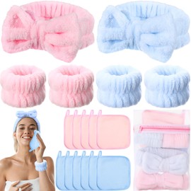 Knitgrip 19 Pieces Makeup Remover Set 2 Spa Headband 4 Wash Wristband 12 Makeup Remover Cloth with Washable Bag 6" x 6" Reusable Makeup Remover Pads for Woman (Pink, Blue)