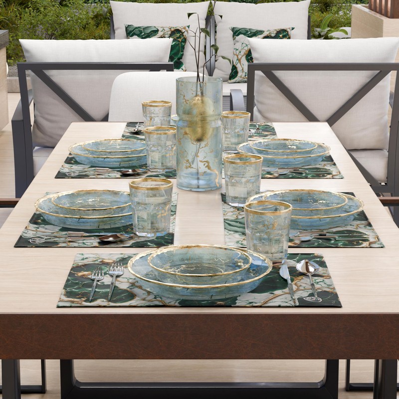 MARBLELIZED - Washable American Placemats, Emerald Marble Effect Fabric Placemats,