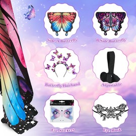 FORMIZON Butterfly Costume Women's Double-Sided Print, Butterfly Wings Adults, 4-Piece Set Butterfly Cape, Fairy Wings for Adults, Cosplay, for Carnival, Fancy Dress Party, coloured