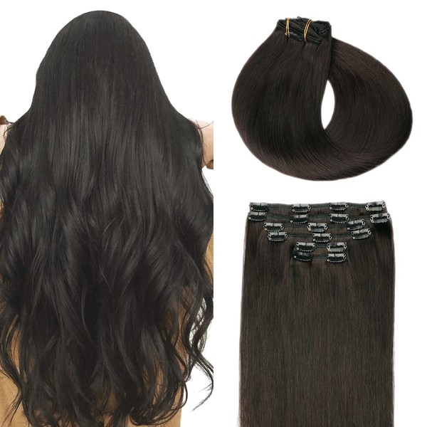 SURNEL Clip-In Real Hair Extensions, 6 Pieces/Set, Remy Real Hair for Hair Extensions, Straight, Double Weft Clip Extensions, Black, Human Hair, 100 g, 35 cm (#1B-14 Inches)