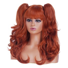 Rugelyss Long Wavy Auburn Ponytail Wigs for Women with 2 Claw Pigtails Copper Red Synthetic Hair wig with bang fits for Cosplay or Cotume Party