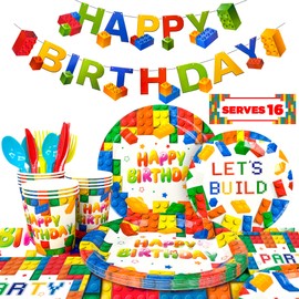 Building Block Party Decorations, 16 Guests Building Block Party Tableware Set, Plates Napkins Cups Tablecloth Banner for Colorful Building Block Birthday Party Decorations