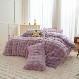 Roscloud Rabbit Plush Kids Girls Purple Comforter Sets Queen - 3PC Faux Fur Bed Set Skin Friendly Soft Warm Velvet Flannel Fluffy Fuzzy Bedding（Comforter x 1 Pillowcases x 2）
