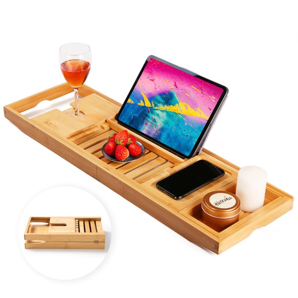 Bamboo Bathtub Caddy Tray for Luxury Bath, Expandable Bath Tray for Tub with Book and Wine Holder- Gift Idea for Loved Ones