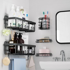 IKSOO Shower Caddy 5 Pack - 12.5 inch Shelves, 5-Pack with 10 Hooks, Stainless Steel, No Drilling Shelves for Bathroom Storage & Home Decor