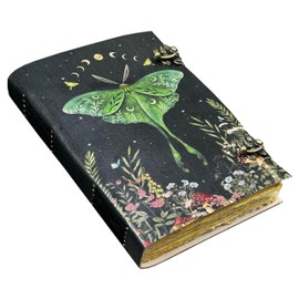 Blank Spell Book of Shadows Journal with Lock Clasp Vintage Handmade Leather Luna Moths and Morpho Butterfly Print Diary Prayer Pagan Witchcraft Supplies Wiccan Decor Notebook Daily (13x10 Inch)