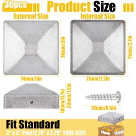 SHUESS 30pcs Silver Fence Post Caps 71 x 71 mm - 2.79 x 2.79 Inch Fence Post Toppers - Durable and Stylish Post Caps for Enhanced Outdoor Décor - Ideal for Fence Post Protection and Decoration