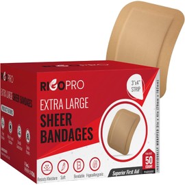 RIGO PRO Extra Large Sheer Bandages 50 Count | Hypoallergenic | 3 x 4 Inch Full Border | Sterile | All Day Comfortable Protection | Breathable Bandage for Covering Wounds