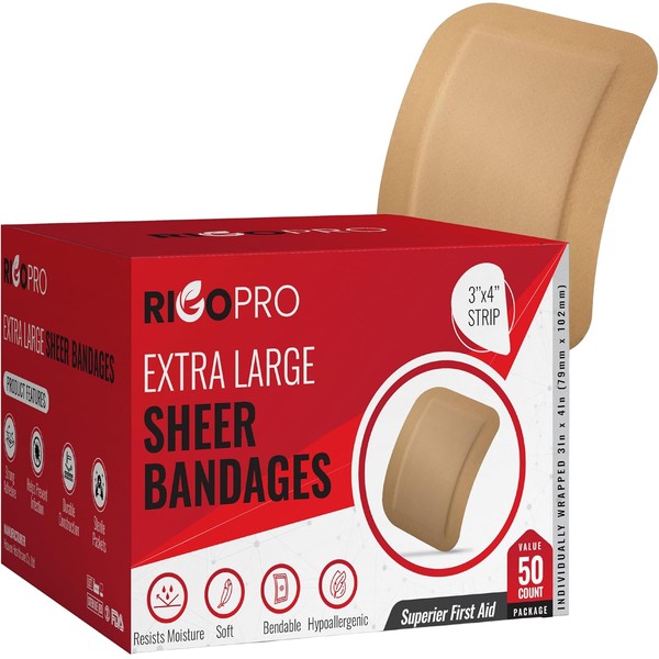 RIGO PRO Extra Large Sheer Bandages 50 Count | Hypoallergenic