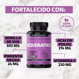 Resveratrol 100 Vegano de alto contenido en Polifenoles  Pimienta Negra Para Mejor Absorcin, Vitamina C, Semilla De Uva Y Acai Beyond Vitamins...     