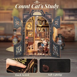 CUTEBEE Book Nook Kit - DIY Miniature House Kit for Beginners, Adults, and Teens, Dollhouse Booknook Library Tiny House Bookshelf Decor 3D Wooden Puzzle, Gifts for Family, Friends (Count Cat's Study)