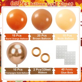 Burnt Orange Balloons,60Pcs 12 Inches Brown Nude Burnt Orange Metallic Champagne Balloons for Fall Baby Shower Birthday Party Decoration,Boho Theme Thanksgiving Bridal Shower Engagement Supplies