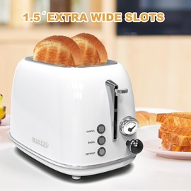 Toaster 2 slice,Retro Stainless Steel Toaster with 6 Settings, 1.5 In Extra Wide Slots, Bagel/Defrost/Cancel Function, Removable Crumb Tray (White)
