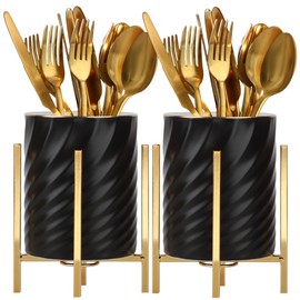 Sturdy Cutlery Holder White Ceramic With Metal Bracket Robust Silverware Caddy For Countertop - Spoon Holder Silverware Caddy