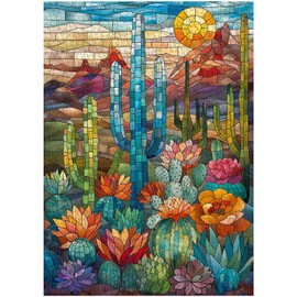 Cactus Puzzles for Adults 1000 Pieces and up, PICKFORU Stained Glass Puzzle Including Mosaic Art Cactus, Colorful Succulent Puzzles for Plant Lovers