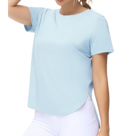THE GYM PEOPLE Women's Workout T-Shirts Loose Fit Short Sleeve Cotton Running Basic Tee Tops with Split Hem Light Blue