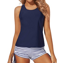 Yonique 3 Piece Tankini Swimsuits for Women Swim Tank Top Bathing Suits with Boy Shorts and Bra Athletic Swimwear Blue M