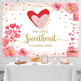 Mocsicka Sweetheart 1st Birthday Backdrop Valentine Birthday Decorations Banner Valentine's Day Our Little Sweetheart is Turning One Birthday Party Decorations Banner Props (8x6ft)