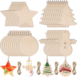 Ezydka Wooden Christmas Decorations 40Pcs Christmas Wooden Baubles Ornaments Wooden Christmas Tree Decorations for DIY Crafts Christmas Tree Decoration, Star, Tree, Snowman, Disc